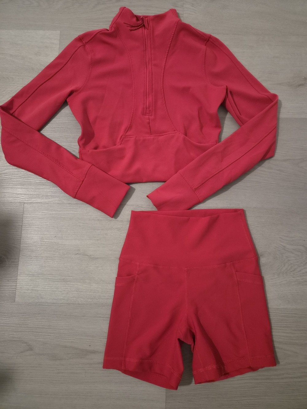 90 Degree By Reflex Hot Pink Cropped Zip-Top & High-Waist Biker Shorts Set